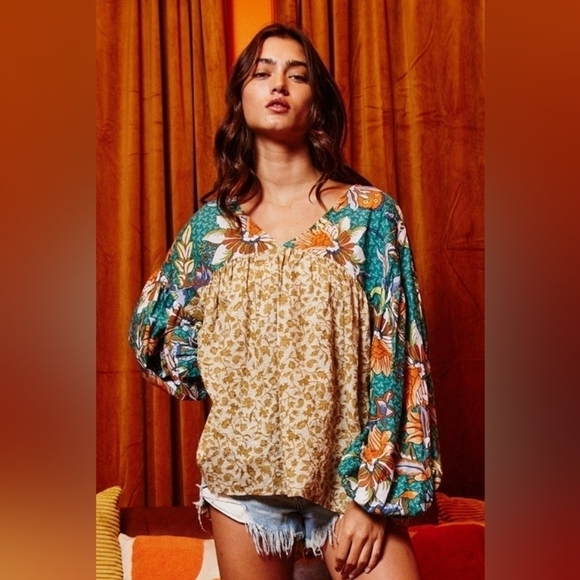 Bucket list Contrast Detail woven dressy boho top sz L - Picture 1 of 9